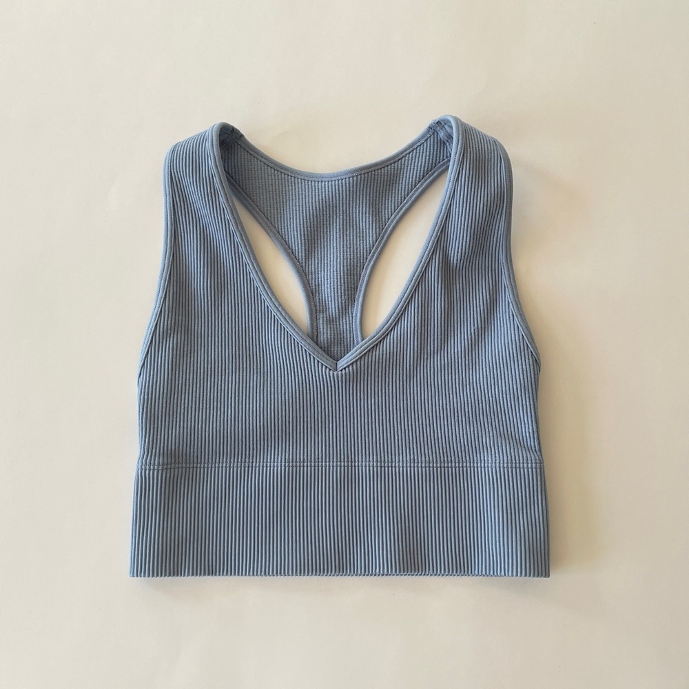 Gilly Hicks Sports Bra Ribbed Nylon Vneck Longline Racerback Top Coastal Blue